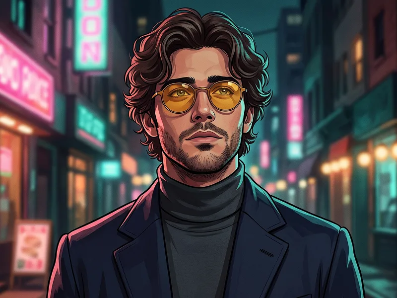 Ritratto Illustrato Urban Night con Occhiali Ambra Prompt - Gemini Prompt