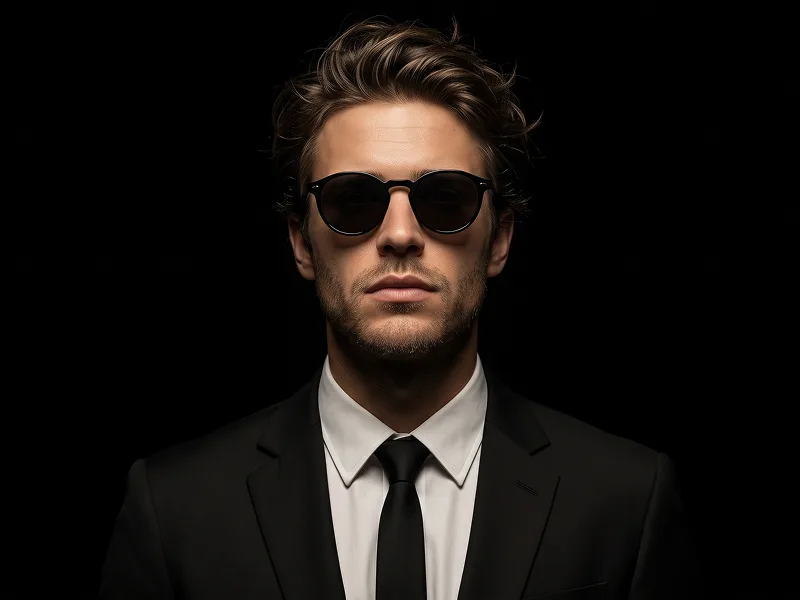 Black Suit Noir Portrait With Round Sunglasses And Warm Low Key Light Prompt - Gemini Prompt