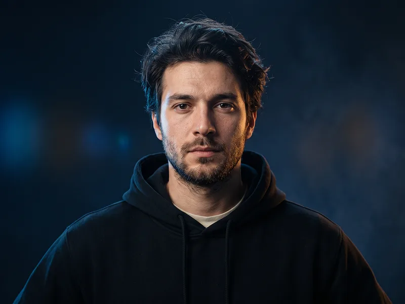 Athletisches Hoodie-Porträt mit Blauem und Amberfarbenem Kampagnenlicht Prompt - Gemini Prompt