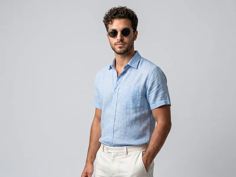 Blue Linen Studio Fashion Portrait from Photo Prompt - Gemini Prompt