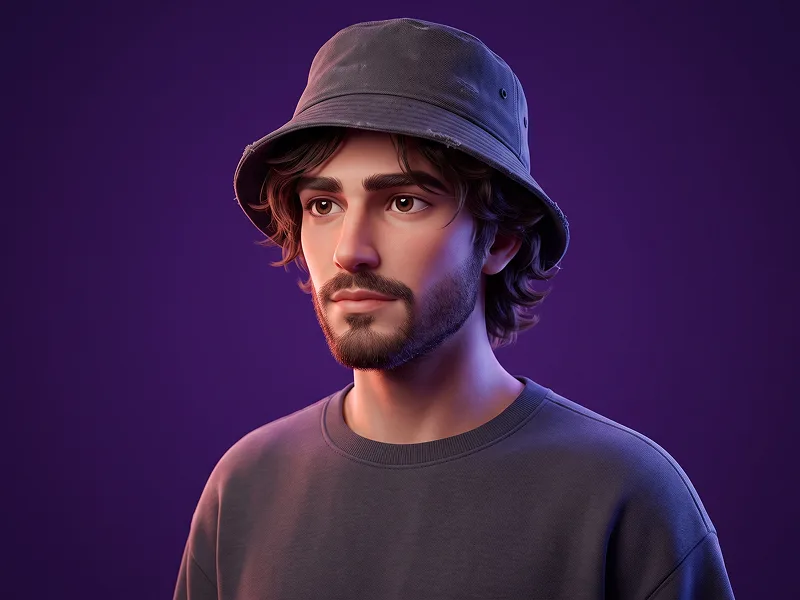 Bucket Hatli Mor Arka Planlı Çift Işıklı 3D Avatar Promptu - Nano Banana 2 Prompt