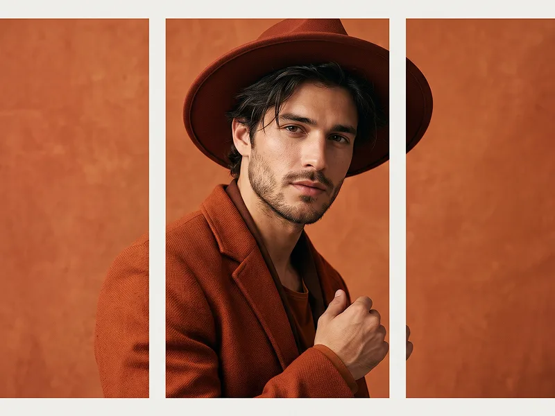Burnt Orange Triptych Fashion Portrait With Western Editorial Styling Prompt - Gemini Prompt
