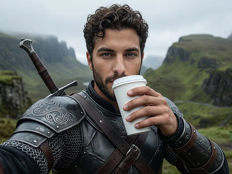 Cineastisches Mittelalter-Krieger-Kaffee-Selfie aus Foto Prompt - Gemini Prompt