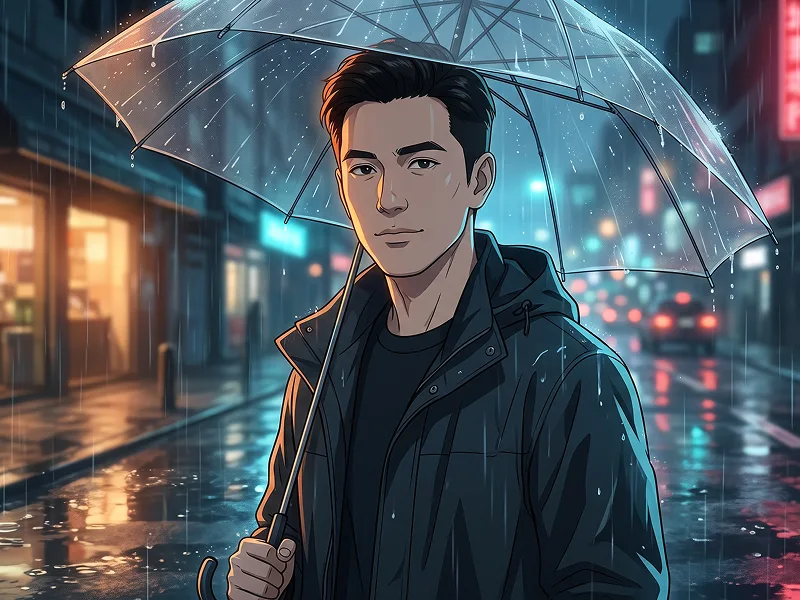 Cinematic Rainy Night Anime Umbrella Portrait Prompt - Gemini Prompt