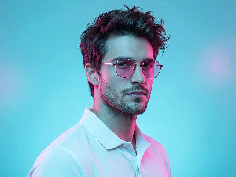 Cyan Magenta Glasses Portrait With White Polo Prompt - Google Banana Pro Prompt