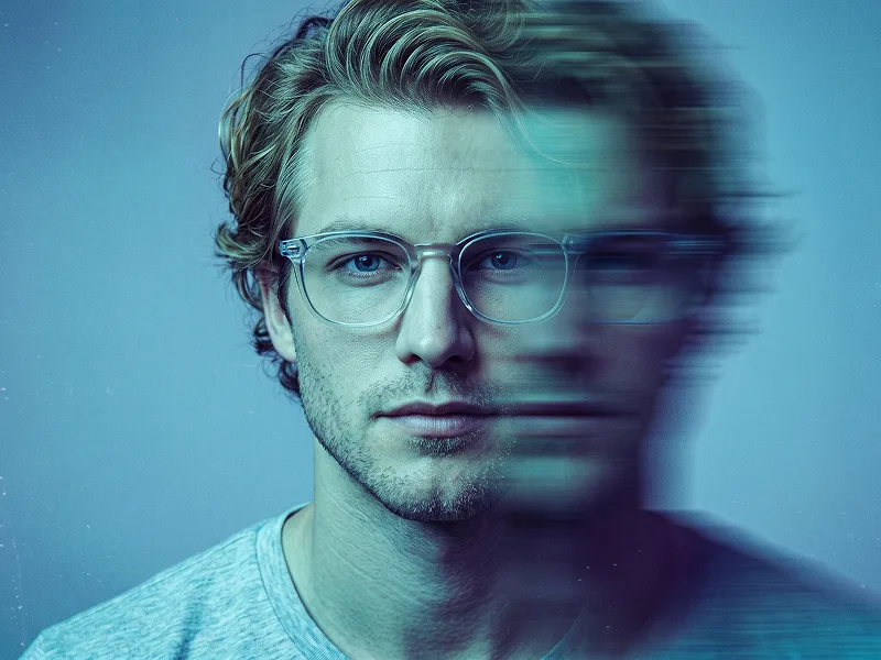 Cyan VHS Face Smear Editorial Portrait Prompt - Gemini Prompt