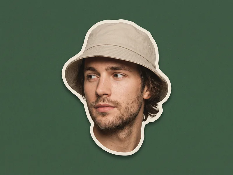Ritratto Cutout Editoriale con Bucket Hat Verde Scuro Prompt - Gemini Prompt
