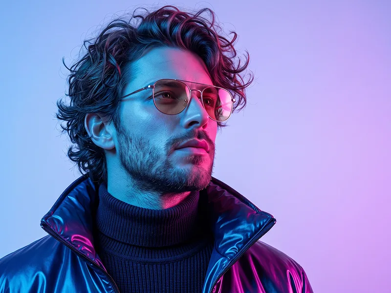 Elektrik Mavi Ve Magenta Gözlüklü Moda Portre Promptu - Gemini Prompt