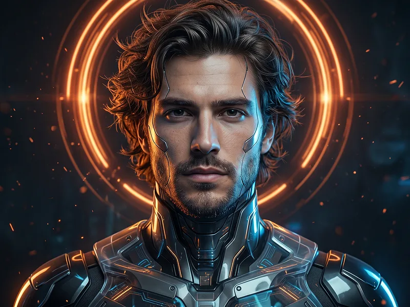 Electric Blue Android Portrait With Orange Halo Rings Prompt - Nano Banana 2.1 Prompt