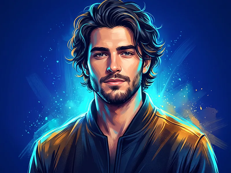 Electric Cyan Digital Portrait With Cobalt Blue Background And Golden Highlights Prompt - Google Banana 2.1 Prompt