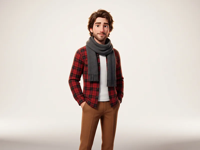 Ganzkörper 3D Charakter mit Karo-Jacke und Strickschal Prompt - Gemini Prompt