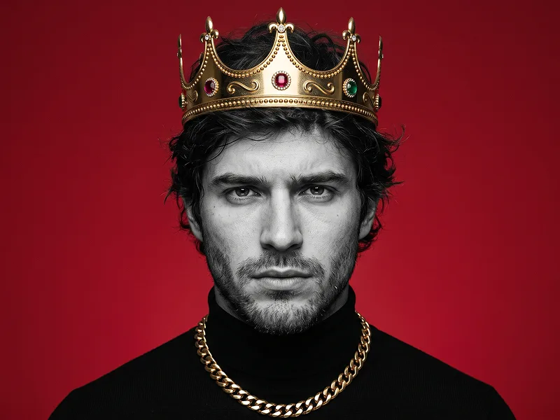 Gold Crown Monochrome King Portrait With Cuban Chain And Red Background Prompt - Gemini Prompt
