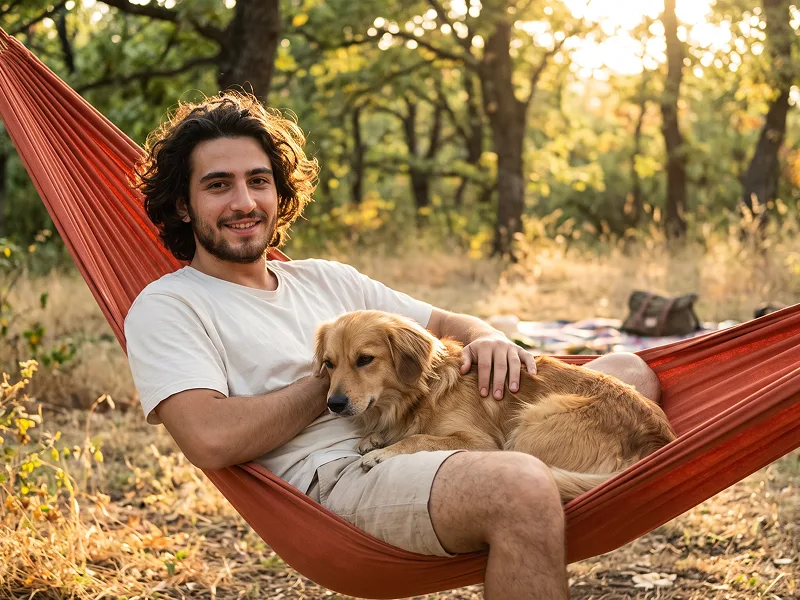 Altın Saatte Hamakta Köpekli Sıcak Park Yaşam Tarzı Portresi Promptu - Nano Banana 2 Prompt