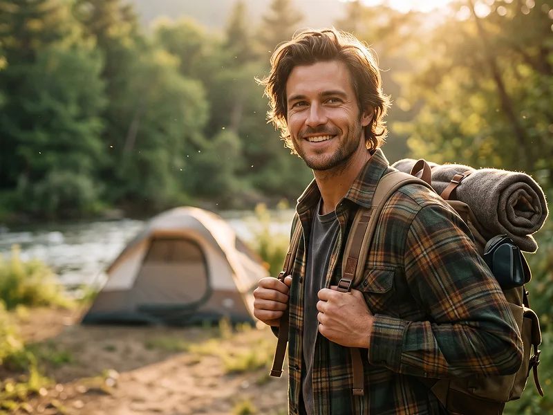 Golden-Hour Camping-Porträt am Fluss mit Wanderrucksack Prompt - Nano Banana 2 Prompt