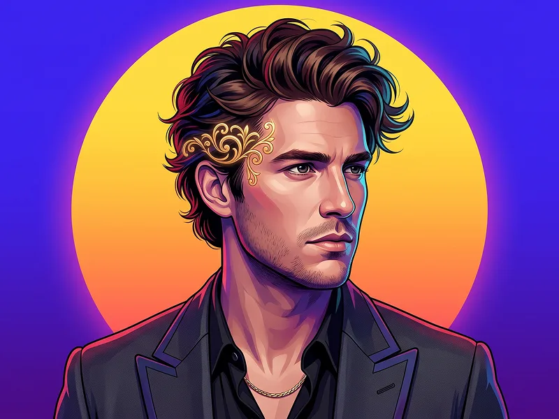 Ritratto Personaggio con Ornamento Dorato, Disco Solare e Sfondo Blu Elettrico Prompt - Gemini Prompt