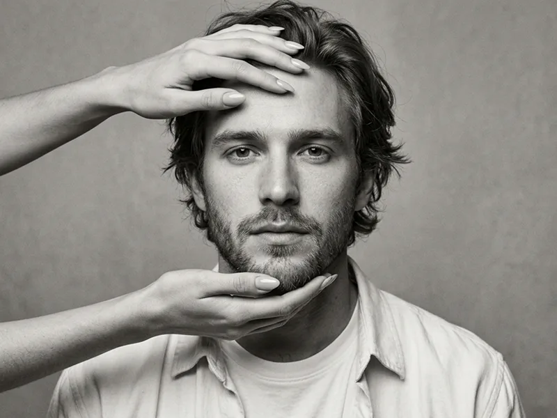 Hands Framing Face Monochrome Editorial Portrait Prompt - Gemini Prompt