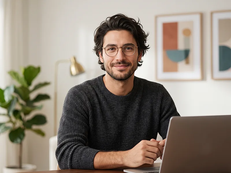 Laptop Desk Portrait in a Warm Creative Home Office Prompt - Gemini Prompt