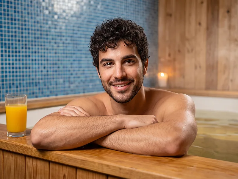 Indoor Wooden Jacuzzi Wellness Lifestyle Portrait Prompt - Gemini Prompt