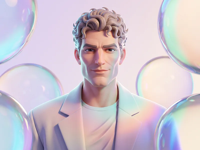 Ritratto Animato 3D con Bolle di Vetro Iridescenti Prompt - Gemini Prompt