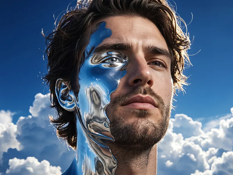 Liquid Chrome Sky Portrait With Cloud Reflections Prompt - Google Banana 2.1 Prompt