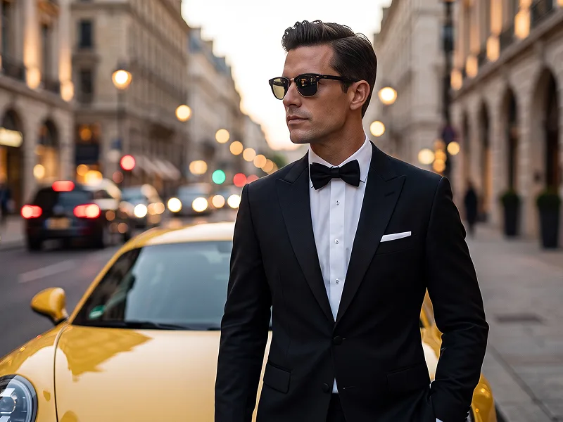 Luxury Tuxedo & Yellow Sports Car Portrait from Photo Prompt - Gemini Prompt