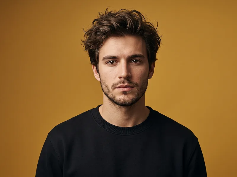 Minimalistisches Senf Studio Porträt mit Schwarzem Crewneck Prompt - Gemini Prompt