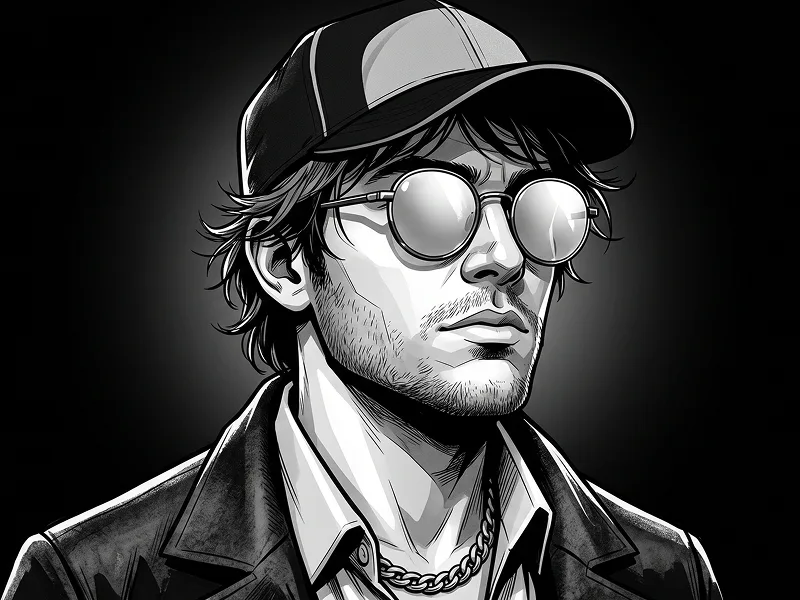 Monochromes Comic-Porträt mit Reflektierender Brille, Cap und Silberkette Prompt - Gemini Prompt