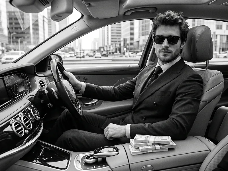 Monochromes Luxusauto-Porträt mit Sonnenbrille und Geldbündeln Prompt - Google Banana Pro Prompt