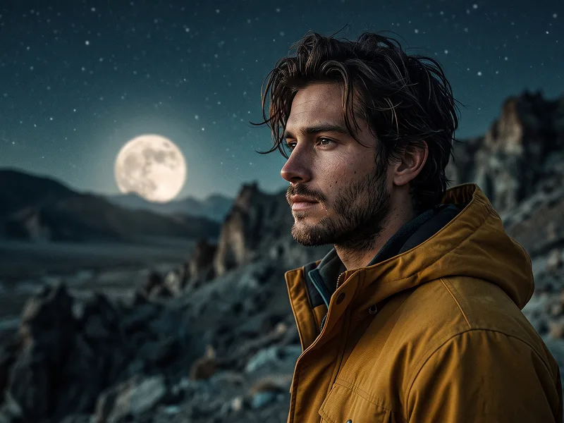 Moonlit Yellow Jacket Portrait in Lunar Landscape Prompt - Gemini Prompt