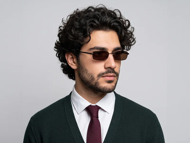 Narrow Sunglasses Fashion Portrait With Burgundy Tie Prompt - Google Banana Pro Prompt