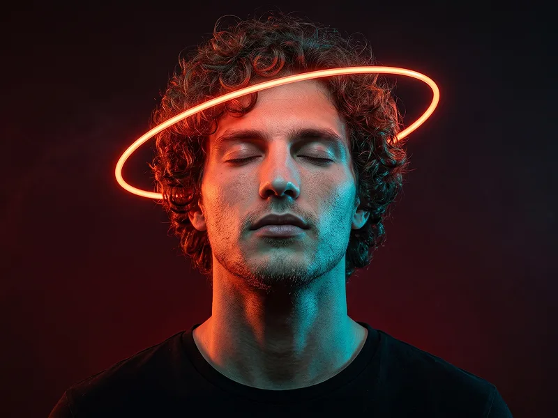 Ritratto Cinematico con Anello Neon Halo da Foto Prompt - Gemini Prompt