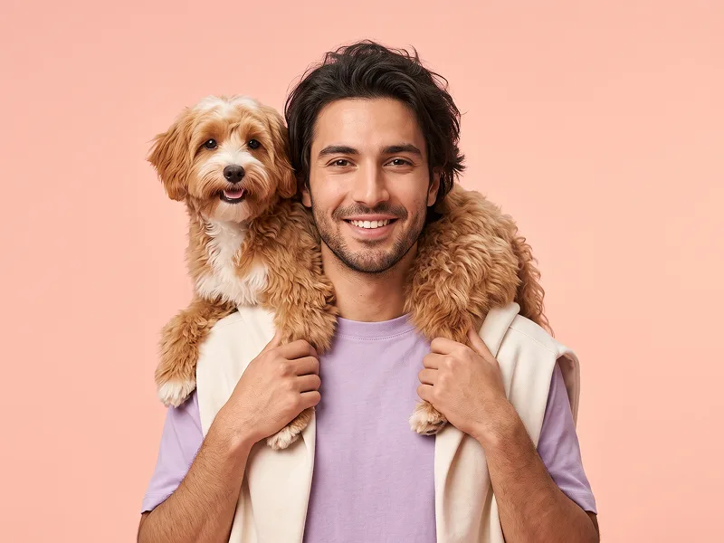 Verspieltes Schulterporträt mit Hund vor Pastellhintergrund Prompt - Gemini Prompt