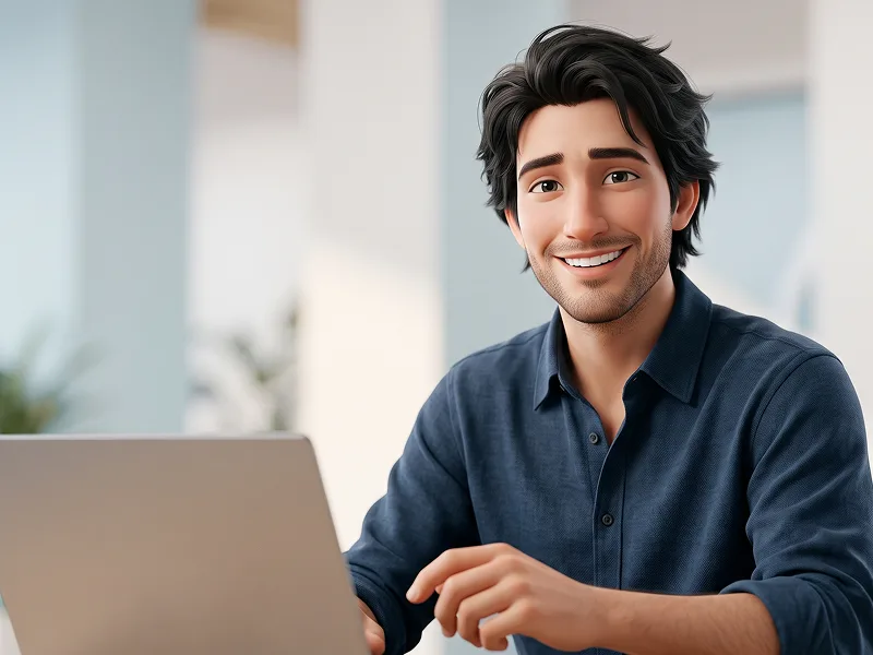 Mavi Gömlekli Parlak Gülümsemeli Profesyonel 3D Laptop Portresi Promptu - Nano Banana 2 Prompt