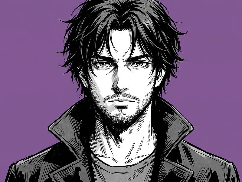 Ritratto Manga Dark con Viso Intero su Sfondo Viola Prompt - Gemini Prompt