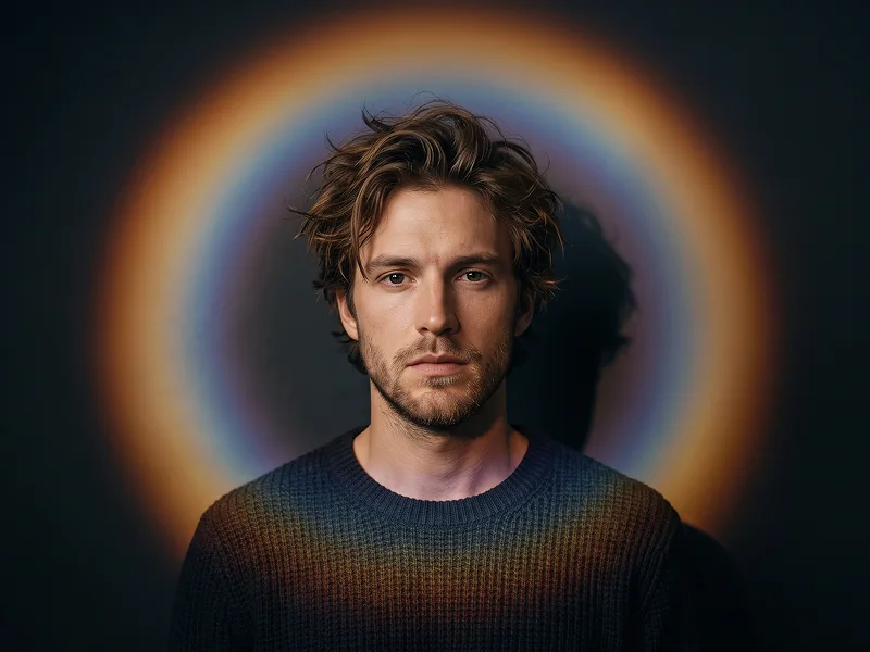 Rainbow Halo Dark Studio Editorial Portrait Prompt - Gemini Prompt