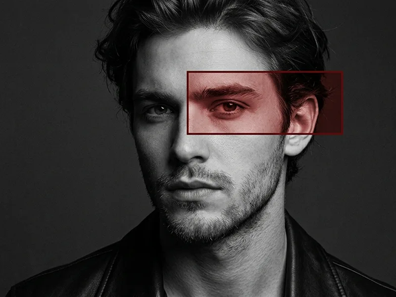 Red Eye Frame Monochrome Editorial Portrait Prompt - Gemini Prompt