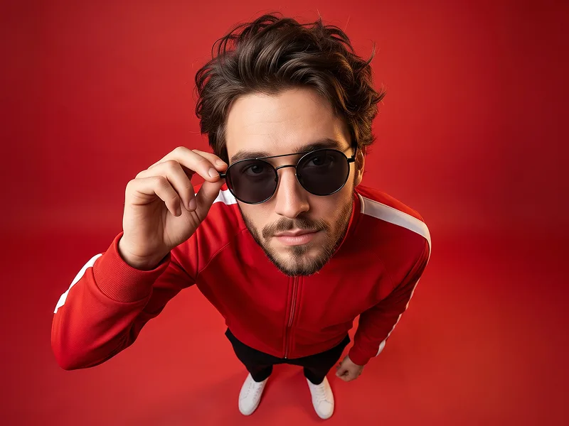 Ritratto Fashion Fisheye Rosso con Track Jacket Prompt - Gemini Prompt