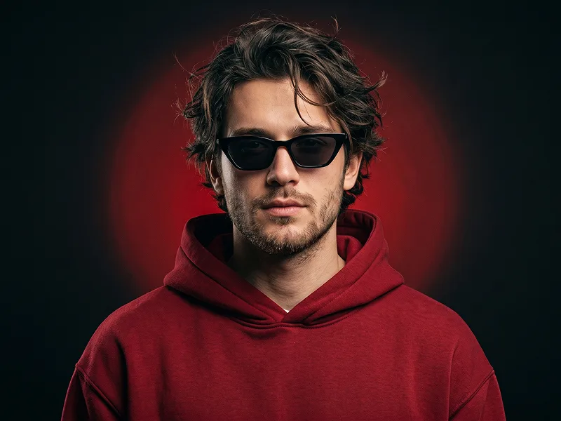 Red Hoodie Fashion Portrait With Black Sunglasses And Halo Light Prompt - Gemini Prompt