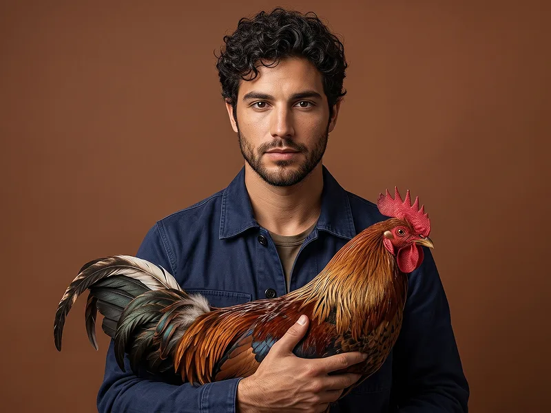 Rustic Editorial Portrait with Rooster from Photo Prompt - Gemini Prompt