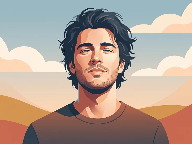 Ritratto Flat Vector Sereno con Nuvole Astratte e Paesaggio Retro Prompt - Nano Banana 2 Prompt