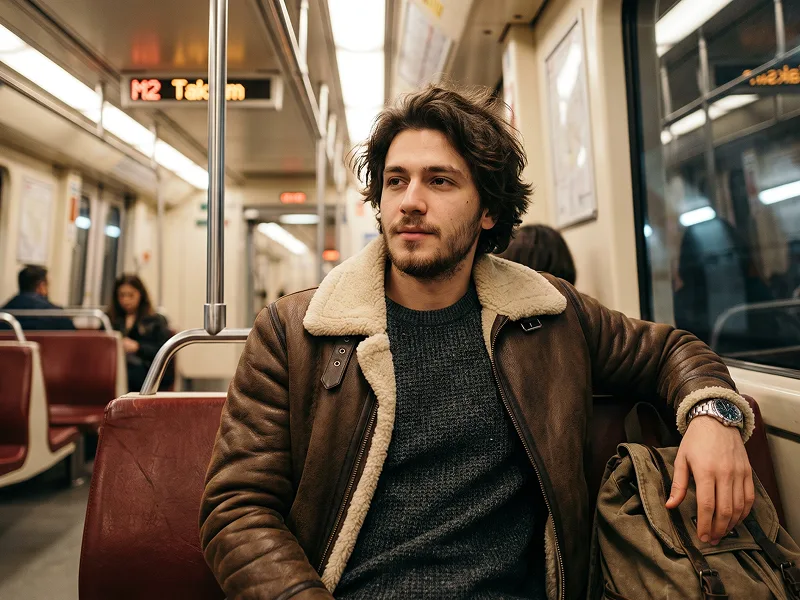 Shearling Aviator Subway Portrait With Warm Light Prompt - Gemini Prompt