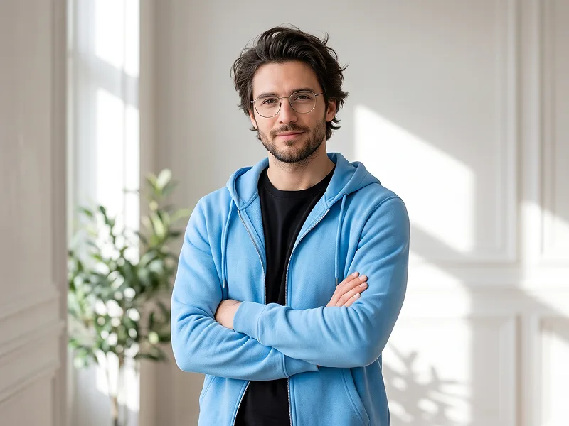Ritratto Lifestyle con Felpa Azzurra, Braccia Incrociate e Luce da Finestra Prompt - Gemini Prompt