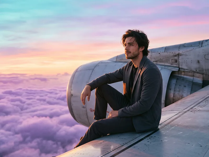 Prompt Ritratto Surreale su Ala di Aereo al Tramonto - Nano Banana 2 Prompt