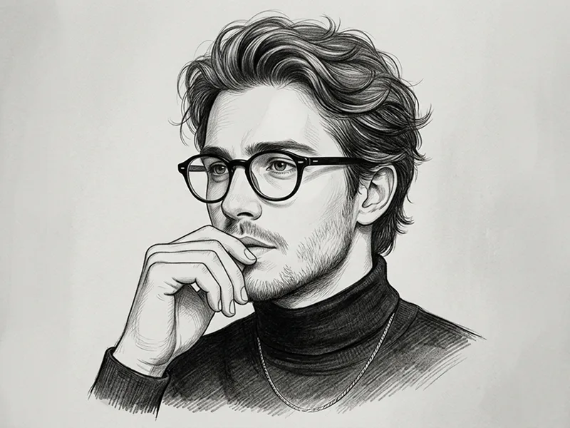 Nachdenkliches Brillen Bleistift-Tusche Porträt Prompt - Gemini Prompt
