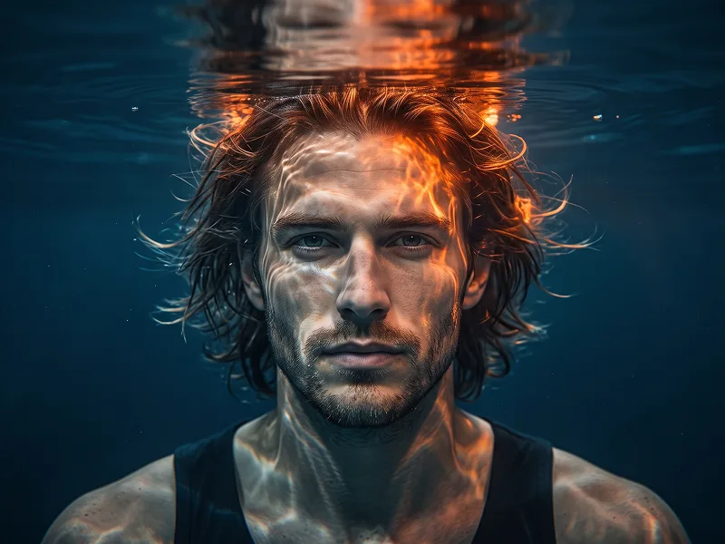 Unterwasserporträt mit Orangen Reflexen und Tiefblau Prompt - Gemini Prompt