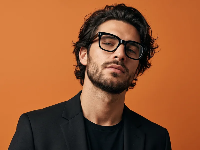 Low-Angle Orange Studio Portrait With Bold Glasses Prompt - Gemini Prompt