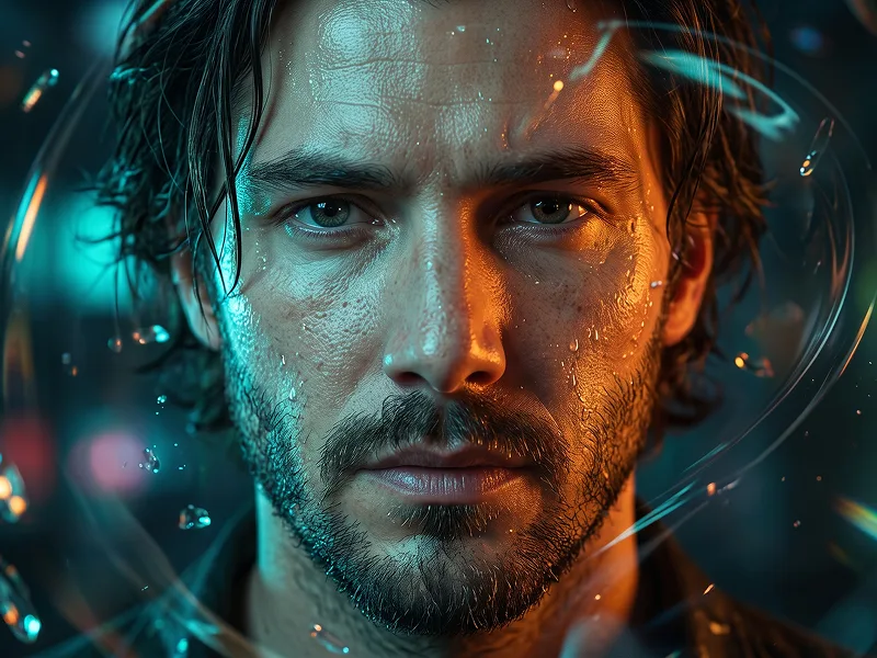 Wet Glass Neon Portrait With Cyan Amber Reflections Prompt - Gemini Prompt
