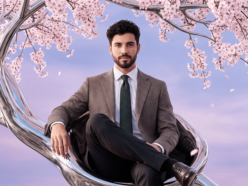 Surreal Luxury Fashion Portrait with a Chrome Tree and Cherry Blossoms Prompt - Gemini Prompt