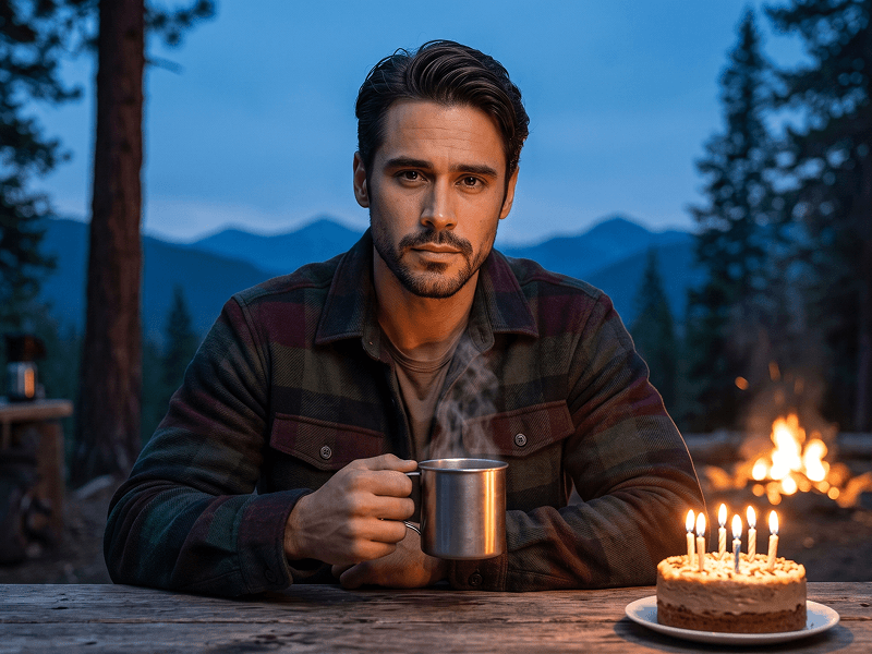 Adventure-Themed Photo with a Campfire and Birthday Cake Prompt - Gemini Prompt