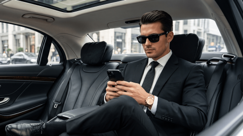 Cinematisches Businessman-Foto in einer Luxuslimousine Prompt - Gemini Prompt